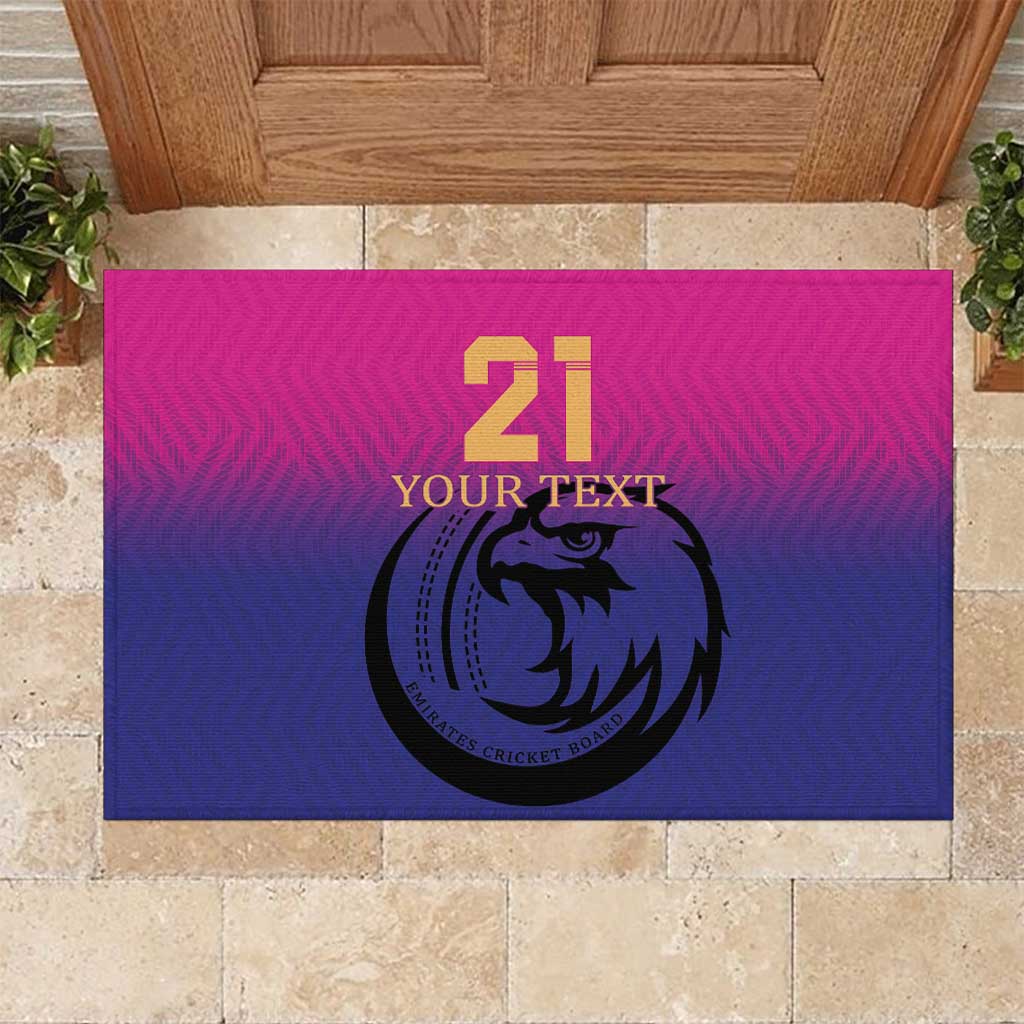 Custom cricket rubber doormat in pink and blue with number 21 and falcon logo
