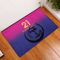 Custom cricket rubber doormat with pink-to-blue gradient and falcon emblem, your text