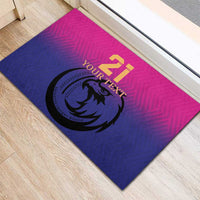 Custom cricket rubber doormat showing number 21, falcon logo, and custom text