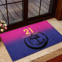 Custom cricket rubber doormat with pink and blue falcon design and number 21