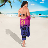 Pink and navy sarong with falcon crest and custom text, tied waist wrap
