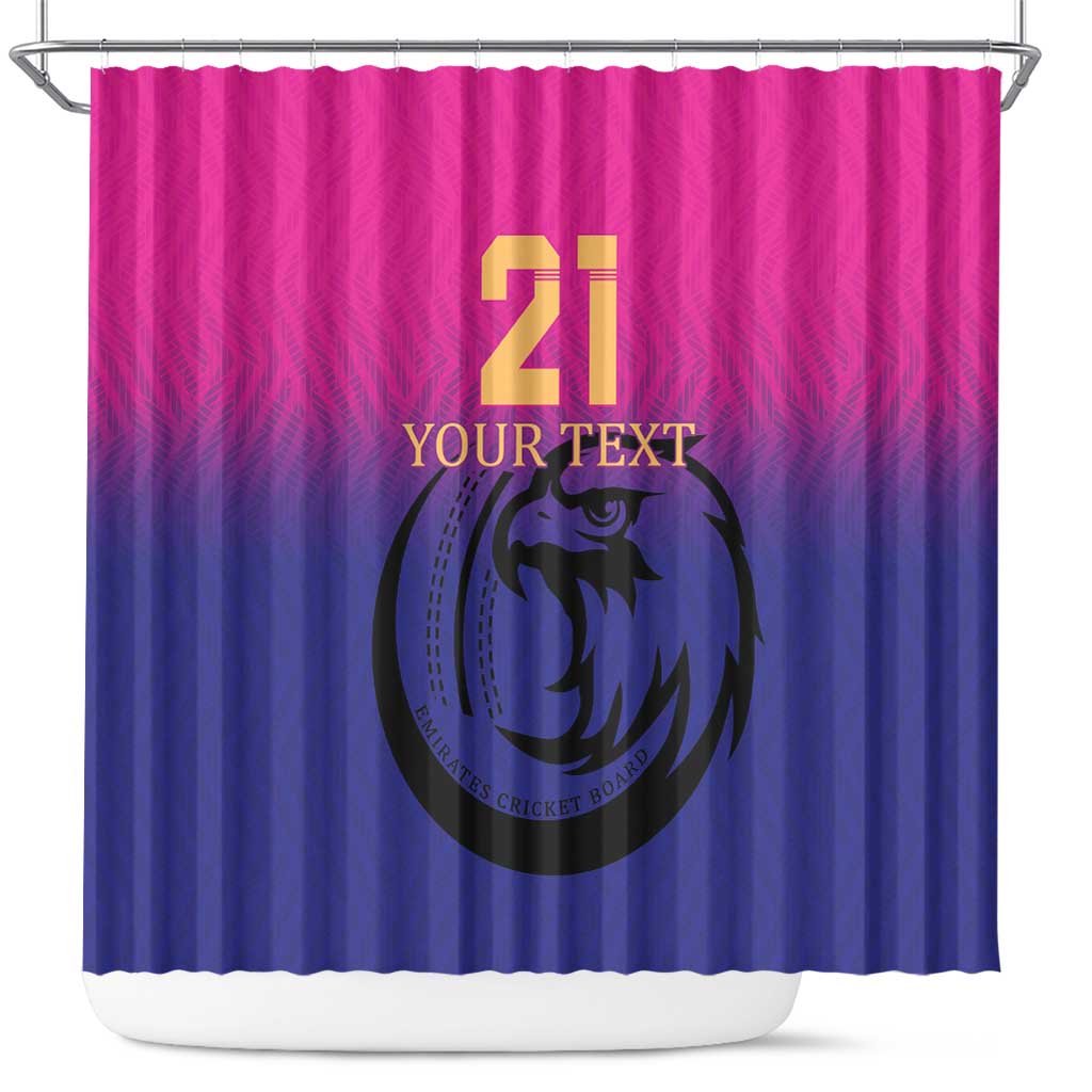 Pink and blue shower curtain with centered cricket emblem, “21” and “YOUR TEXT”, grommets