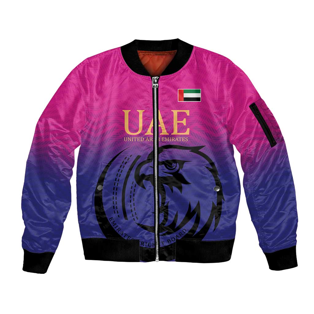 Pink blue zip-up bomber jacket with UAE flag and falcon graphic, ribbed cuffs