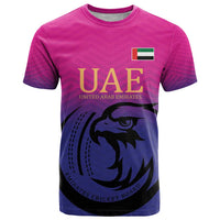 Pink cricket T-shirt with UAE flag patch, UAE text and falcon graphic front