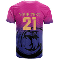 Pink cricket T-shirt back with YOUR TEXT, large 21 and falcon logo graphic