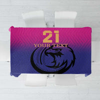 Custom cricket tablecloth in purple and pink gradient with dragon emblem and number 21