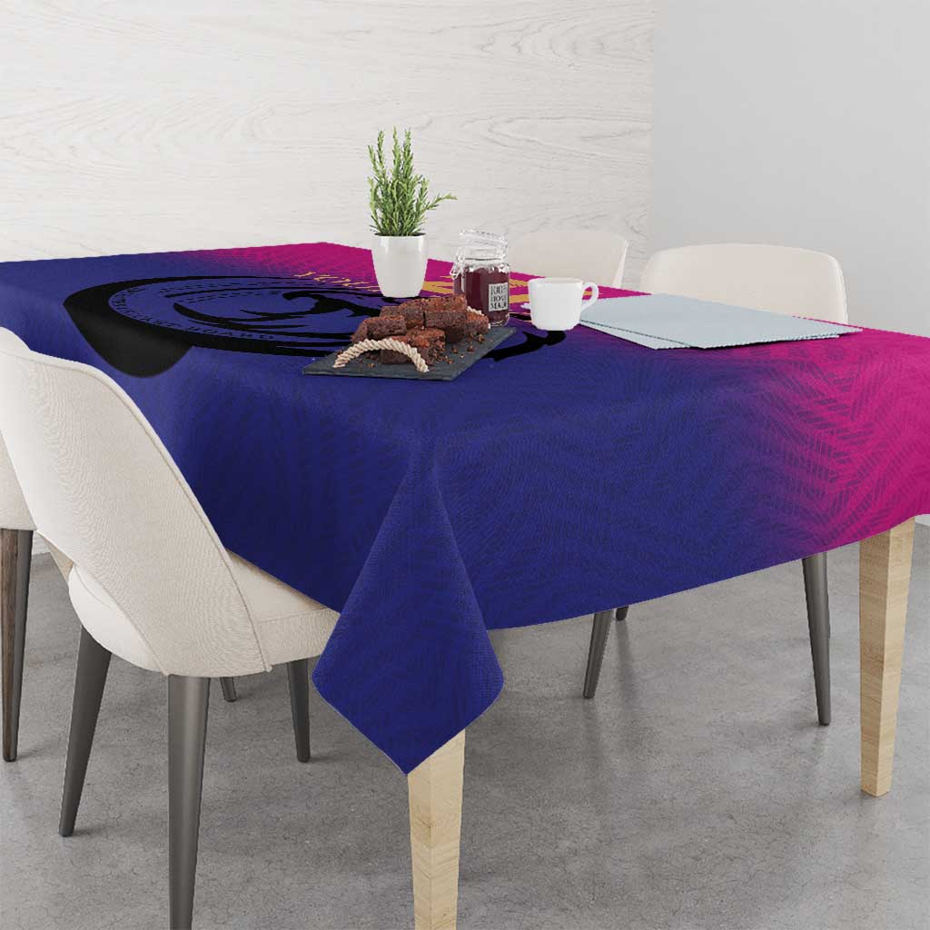 Purple cricket tablecloth with dragon logo printed across the tabletop and hanging edges