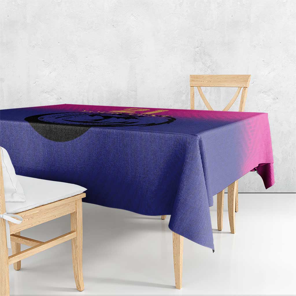Purple and pink cricket tablecloth with bold dragon graphic on the center