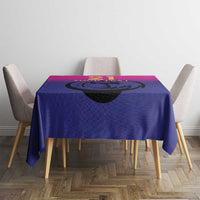 Square cricket tablecloth in purple and pink with dragon emblem centered on table