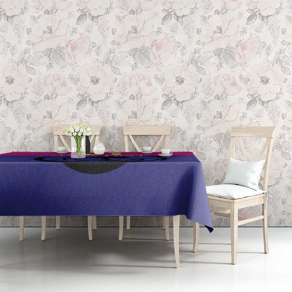 Purple cricket tablecloth with black dragon emblem printed on top surface