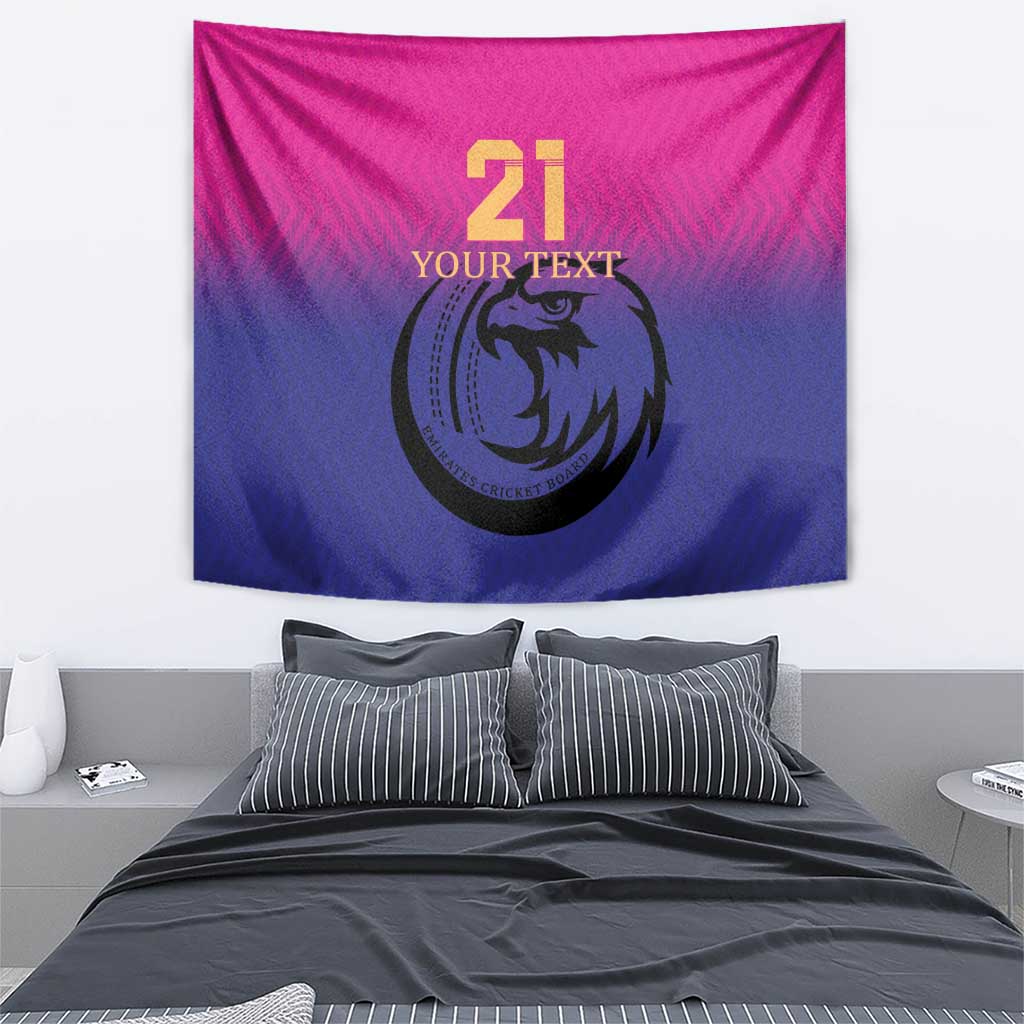 Pink-to-navy cricket tapestry wall hanging featuring a falcon logo and “21 YOUR TEXT”