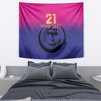 Pink-to-navy cricket tapestry wall hanging featuring a falcon logo and “21 YOUR TEXT”