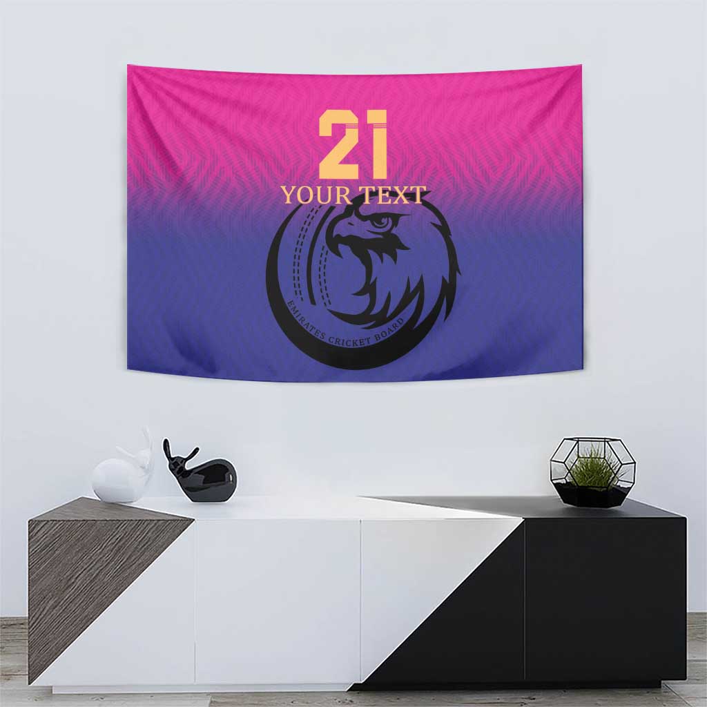 Pink and navy cricket tapestry with falcon emblem in a circle and “21 YOUR TEXT”