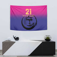 Pink and navy cricket tapestry with falcon emblem in a circle and “21 YOUR TEXT”
