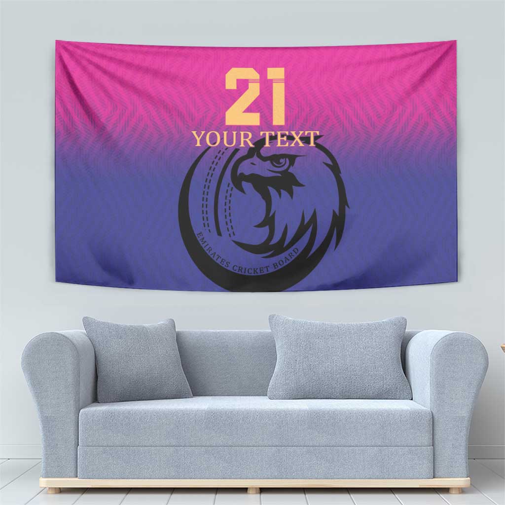 Pink and navy cricket tapestry wall hanging with centered falcon logo and “21 YOUR TEXT”