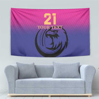 Pink and navy cricket tapestry wall hanging with centered falcon logo and “21 YOUR TEXT”