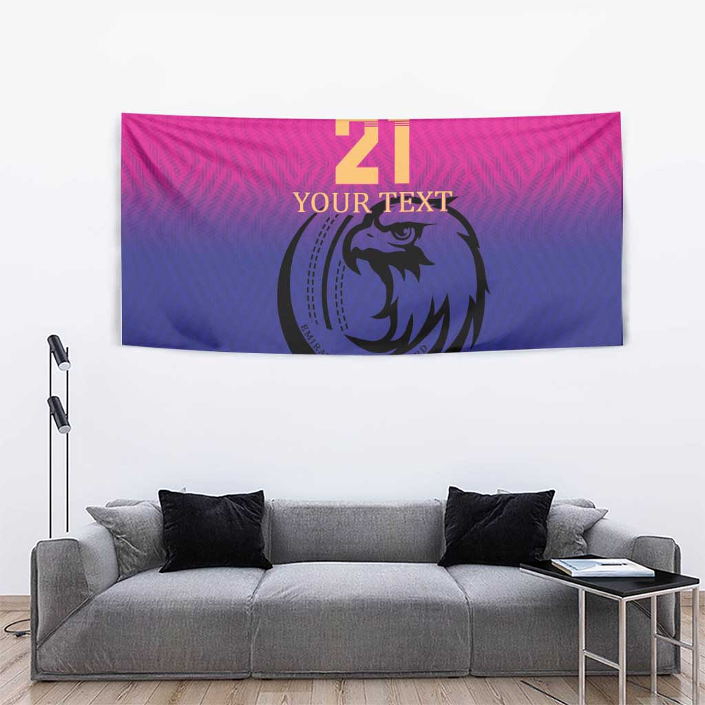 Pink and navy cricket tapestry wall hanging with falcon emblem and “21 YOUR TEXT” text
