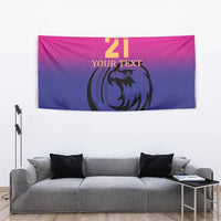 Pink and navy cricket tapestry wall hanging with falcon emblem and “21 YOUR TEXT” text