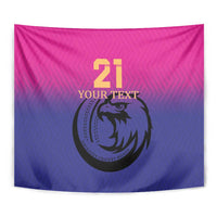 Pink and navy cricket tapestry close-up with falcon logo and “21 YOUR TEXT”