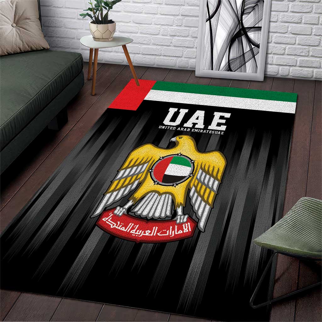 Black UAE-themed area rug with emblem, flag stripes, and UAE text