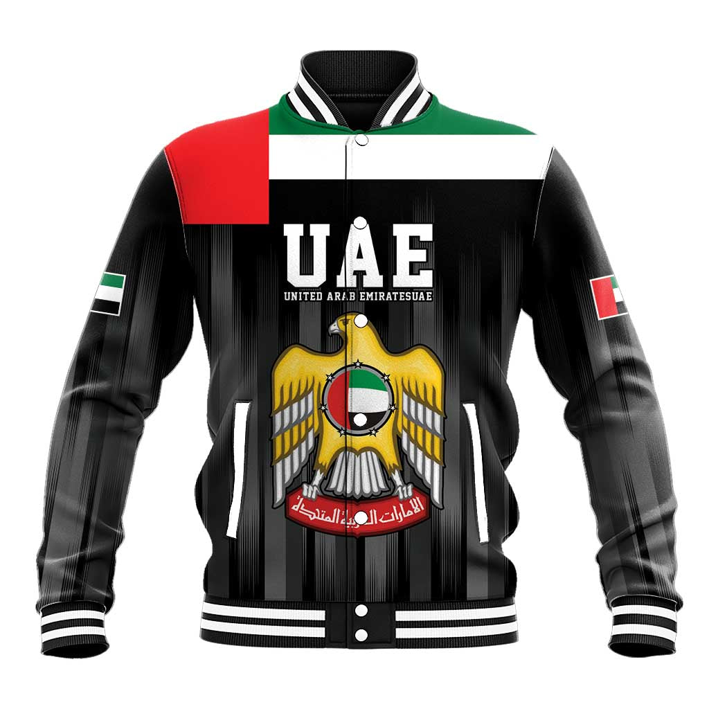 Black baseball jacket with UAE emblem, ribbed collar stripes and button front