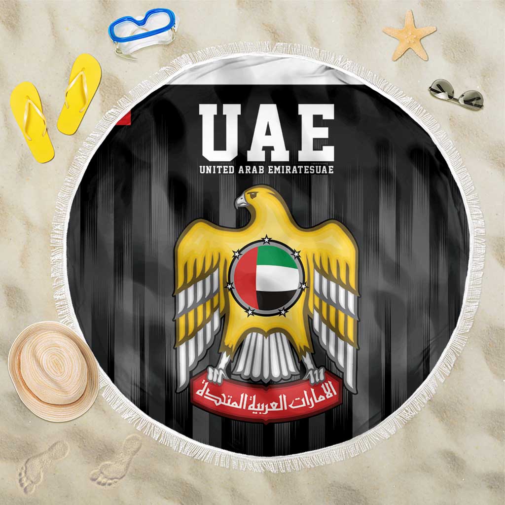 Round black beach blanket with UAE eagle emblem, white fringe edge, 150 cm