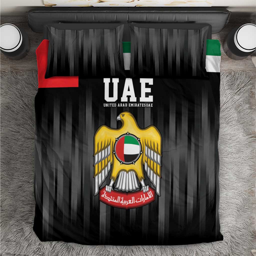 Black bedding set with UAE emblem and dark vertical stripe pattern on duvet cover
