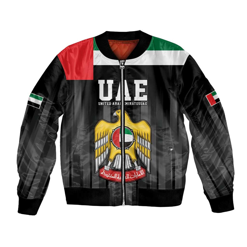 Black bomber jacket with UAE flag panels and central eagle emblem on front
