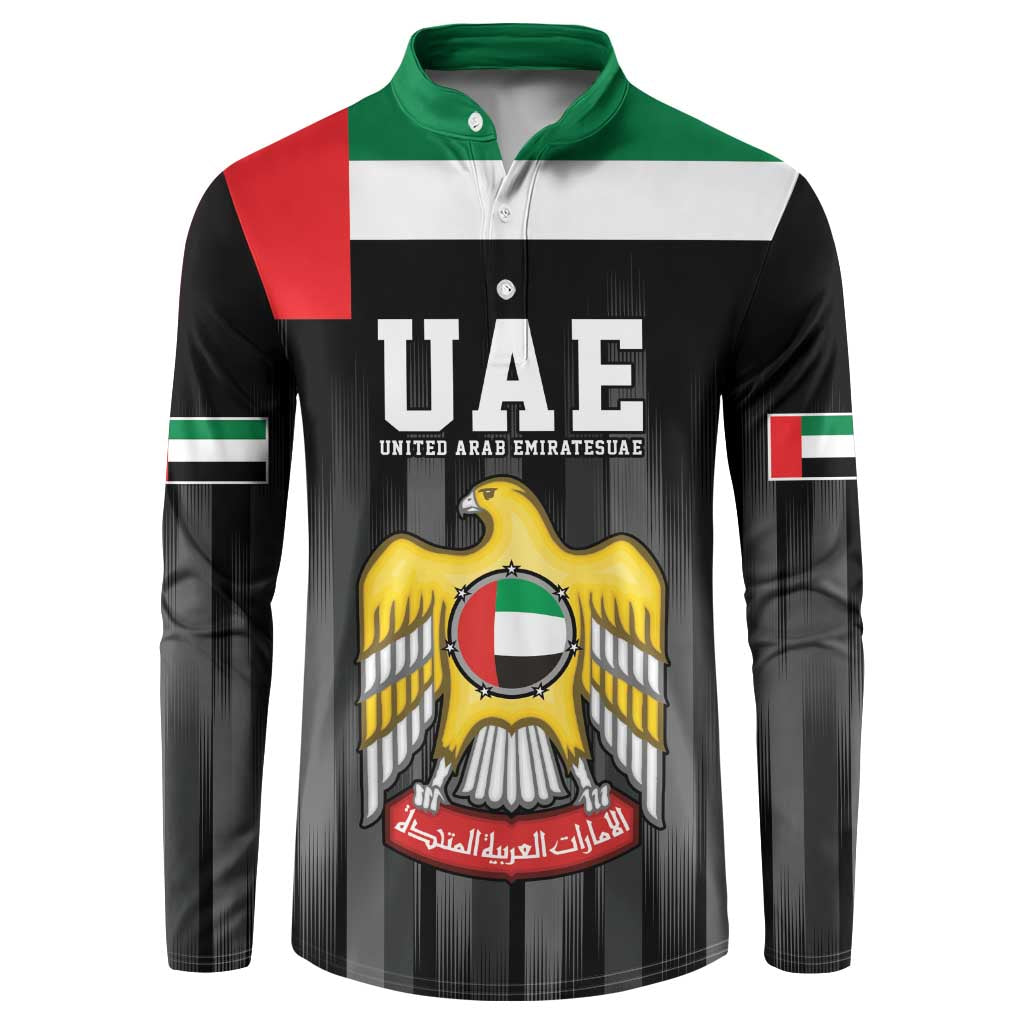 Black button sweatshirt with green collar, UAE flag bands and eagle emblem on front