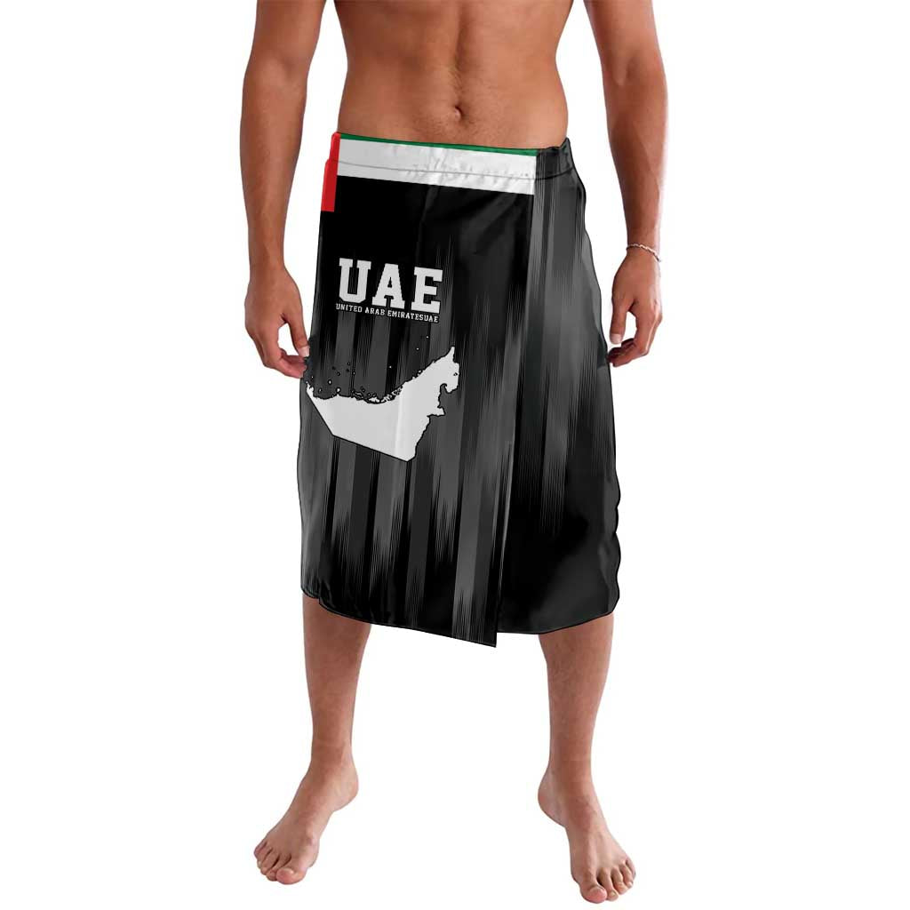Black UAE emblem lavalava sarong with green-red-white waistband and graphic print