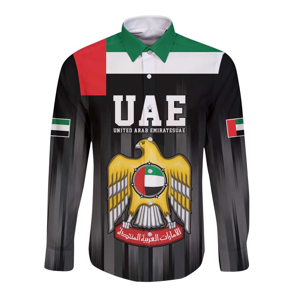 Black long-sleeve button shirt with UAE emblem graphic and flag patch sleeves