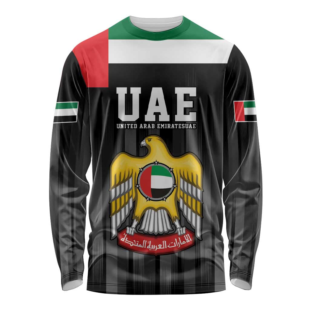 Unisex black long sleeve shirt with UAE emblem and eagle graphic, front view