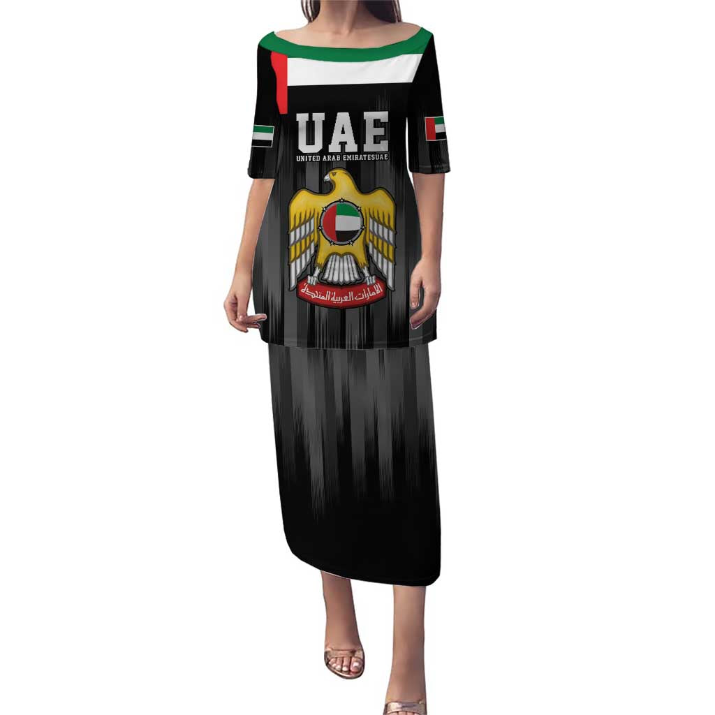 Black long dress with UAE hawk emblem graphic and multicolor collar trim