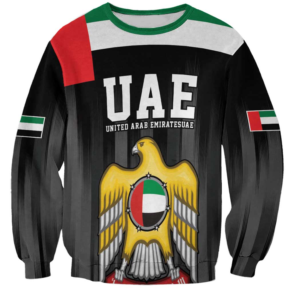 Unisex black sweatshirt with UAE flag sleeve panels and central emblem print