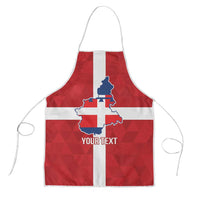 Personalized red apron with Italy Piedmont flag design, white straps, blue map, 'YOUR TEXT'