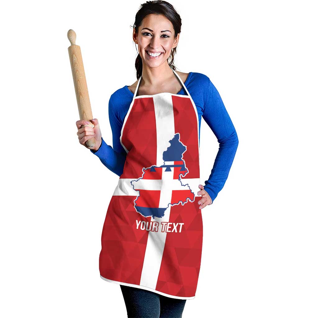 Red apron with Italy Piedmont flag graphic, white straps, blue map, 'YOUR TEXT' front