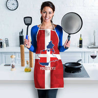 Red personalized apron with Italy Piedmont flag, white straps, blue map, 'YOUR TEXT' 