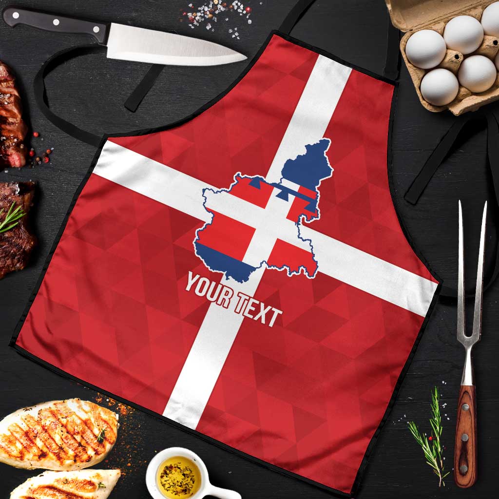 Red-and-white apron with blue Piedmont map and cross, black straps, 'YOUR TEXT' 