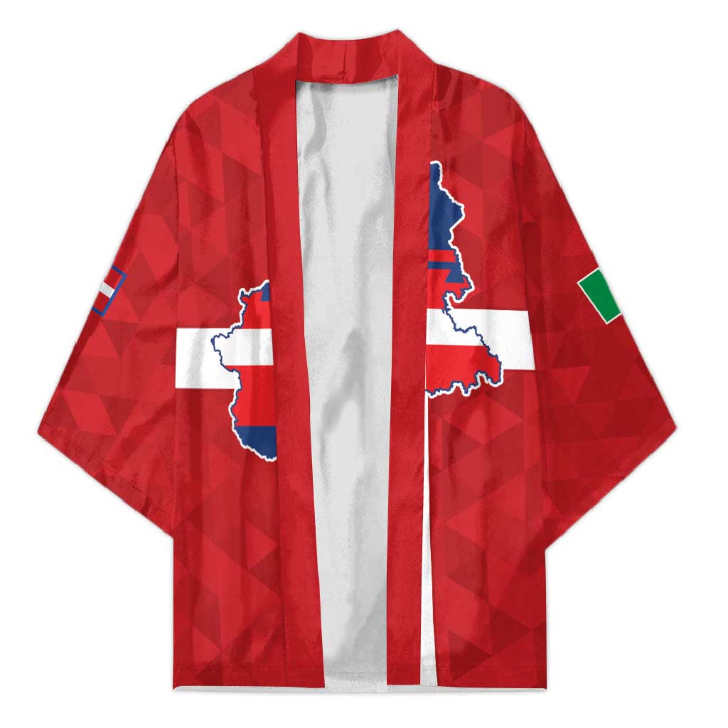 Red kimono jacket with long sleeves, open front, Italy-style flag print panels