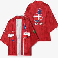 Two red kimono jackets shown together: open front with Italy-style flag panel and back “YOUR TEXT”