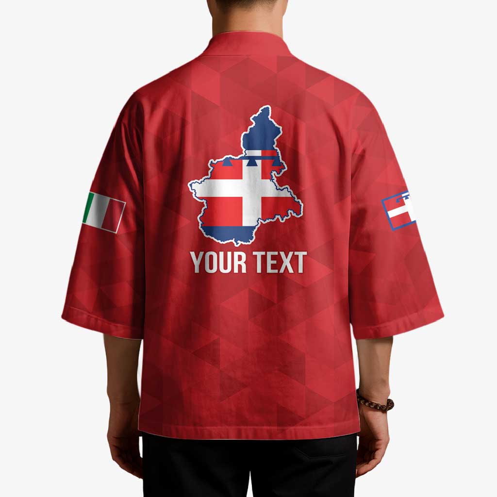 Red kimono jacket back view with Italy-style map flag graphic and “YOUR TEXT”