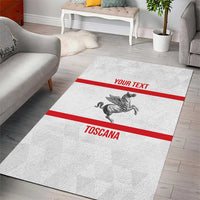 White rug with red stripe and gray pegasus, 'YOUR TEXT' and 'TOSCANA'.