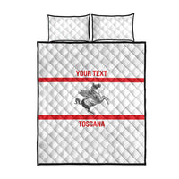 White quilt bed set with diamond quilting, red stripe band, gray pegasus art, “YOUR TEXT” and “TOSCANA”