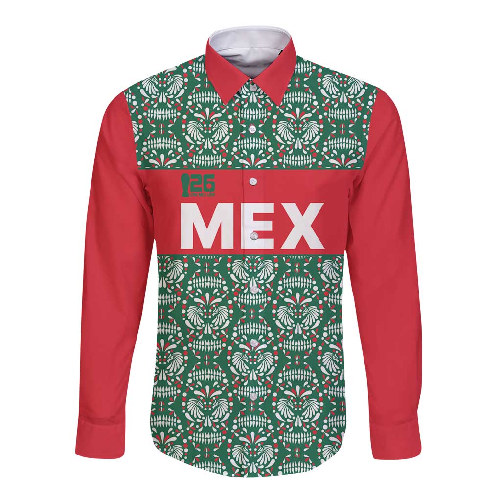Mexico WC26 Custom Long Sleeve Button Shirt Minimalist Aztec Eagle El Tricolor
