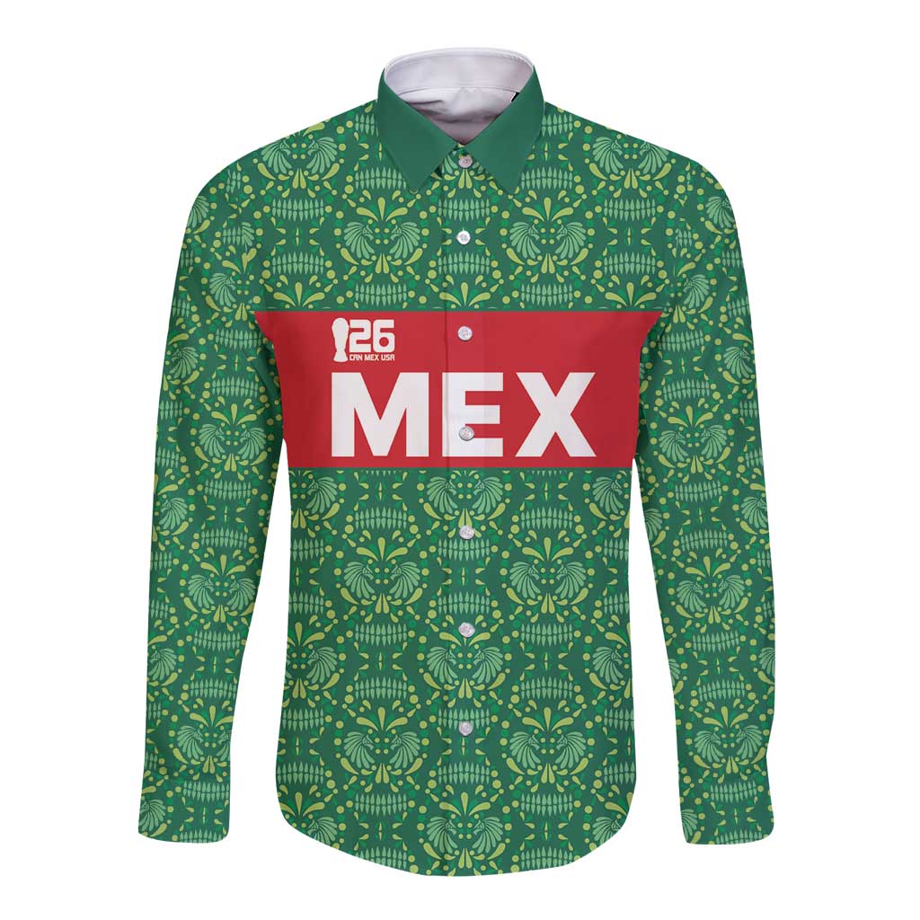 Mexico WC26 Custom Long Sleeve Button Shirt Minimalist Aztec Eagle Green Color
