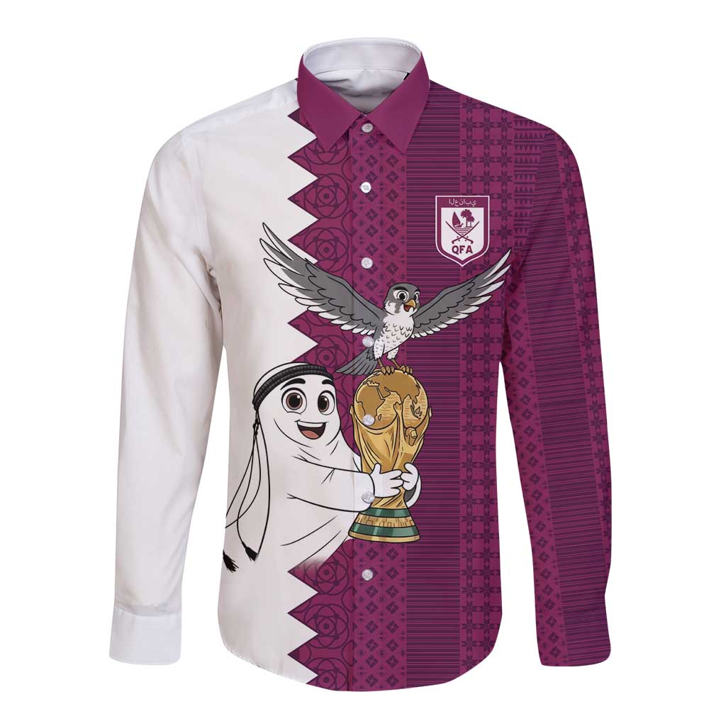Qatar WC26 Custom Long Sleeve Button Shirt Funny La'eeb with Arabic Pattern