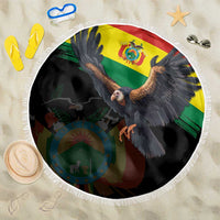 Round black beach blanket with Bolivia flag condor graphic and white fringe border