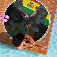 Round beach blanket with condor over Bolivia flag motif on black, white fringe