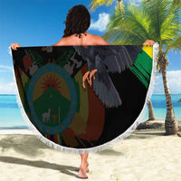 Round beach blanket with Bolivia flag condor print on black and white tassel fringe