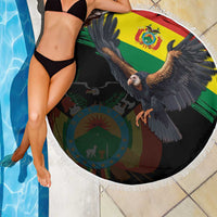 Round black beach blanket with Bolivia flag condor artwork and white fringed edge